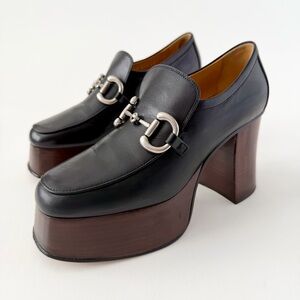 GUCCI | Black Leather Horsebit Platform Loafers Block Heel EU 37.5